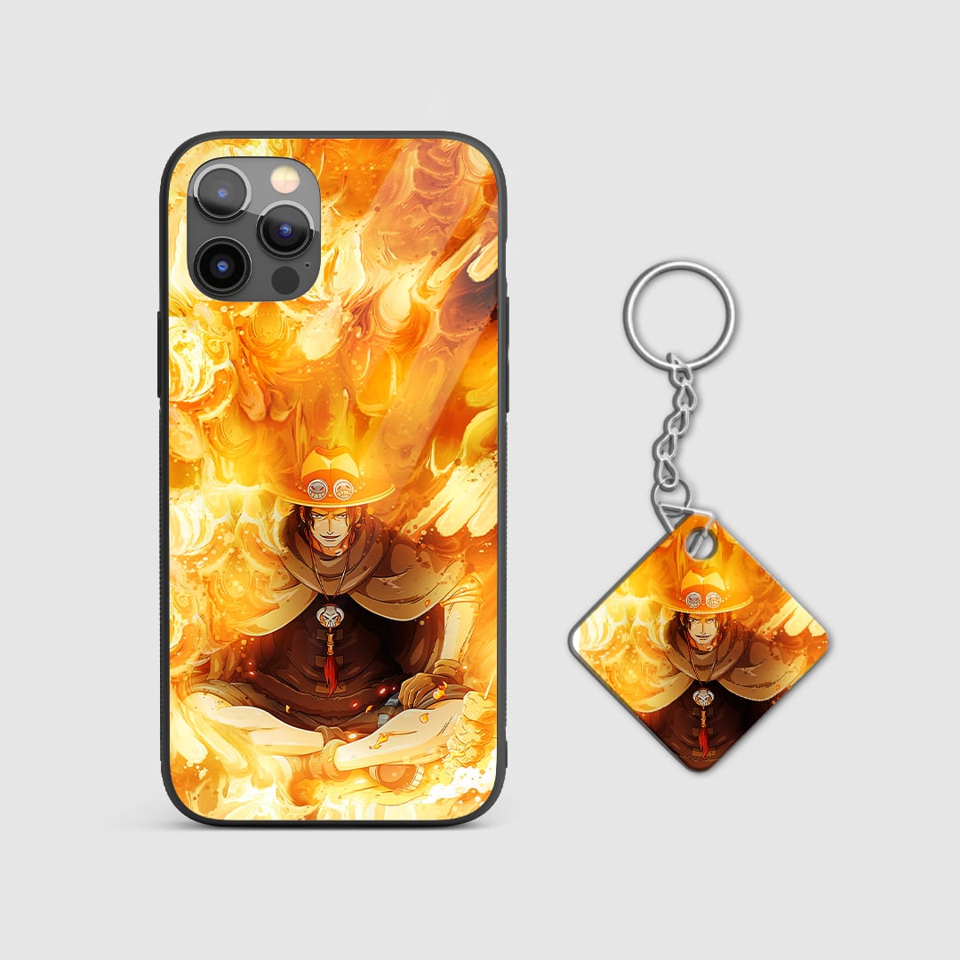 Detailed view of Portgas D Ace-themed artwork on the silicone armored phone case with Keychain.