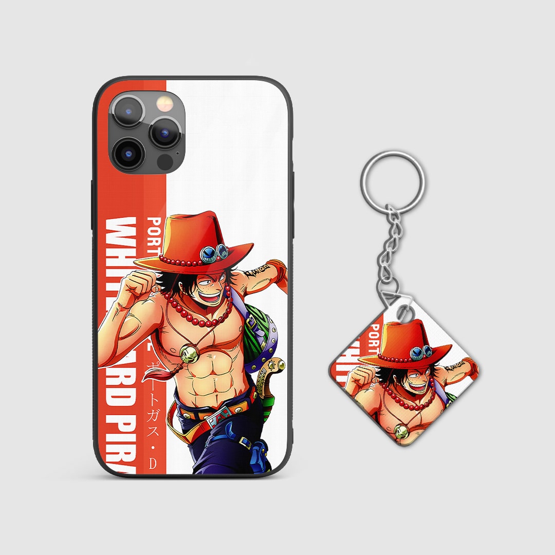 Close-up of the dynamic and colorful graphic of Portgas D Ace on the phone case with Keychain.