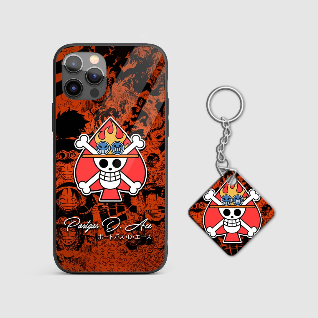 Close-up view of Portgas D Ace wielding his fire powers on the silicone armored phone case with Keychain.