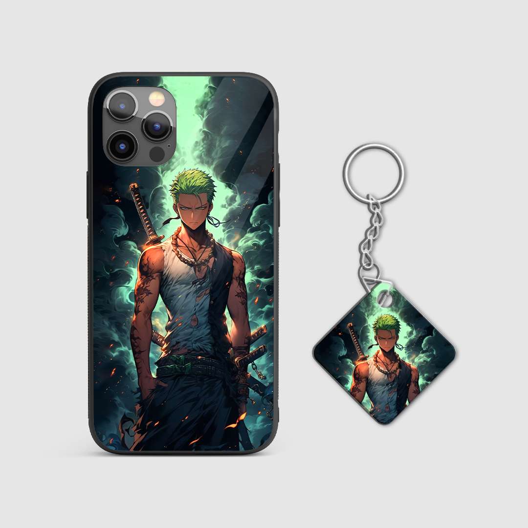 Elegant portrayal of Roronoa Zoro's samurai spirit on the silicone armored phone case with Keychain.