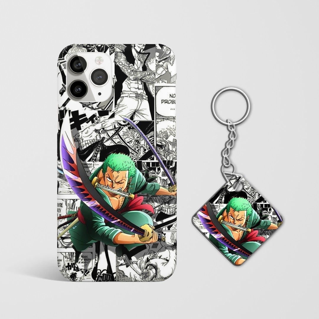 Close-up of Roronoa Zoro Manga Phone Cover showing intricate manga design with Keychain.