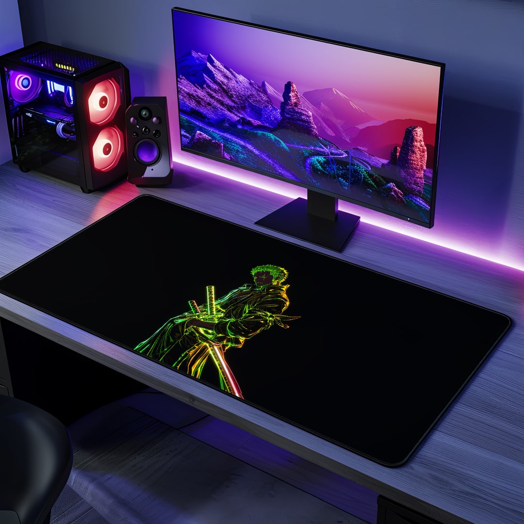Roronoa Zoro Neon Desk Mat with vibrant neon design
