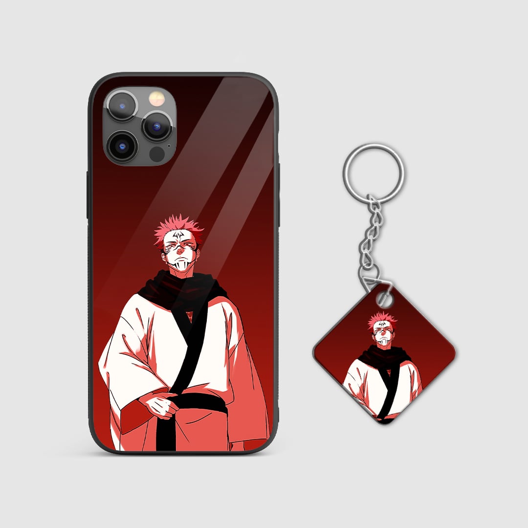 Graphic depiction of Ryomen Sukuna showing his powerful curse energy on the phone case with Keychain.