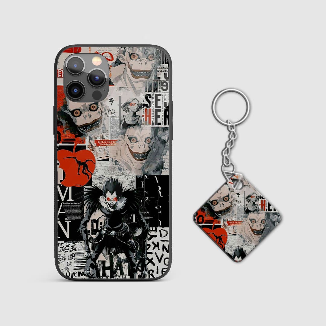 Classic manga art of Ryuk from Death Note on a durable silicone phone case with Keychain.