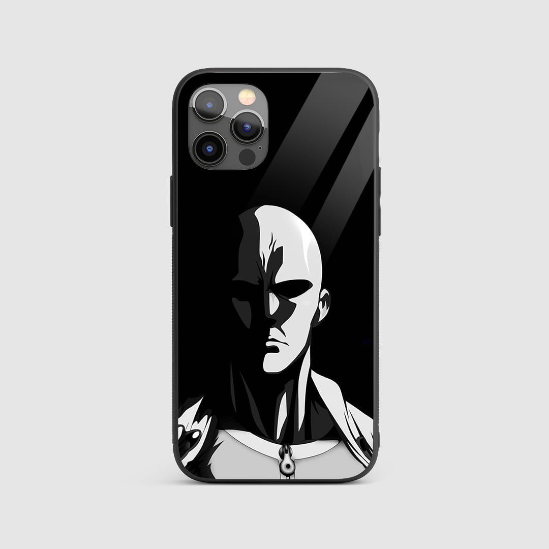 Saitama Black and White Silicon Armored Phone Case featuring intense artwork of Saitama.