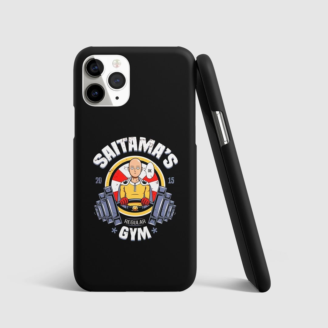Striking artwork of Saitama in a gym setting from "One Punch Man" on phone cover.