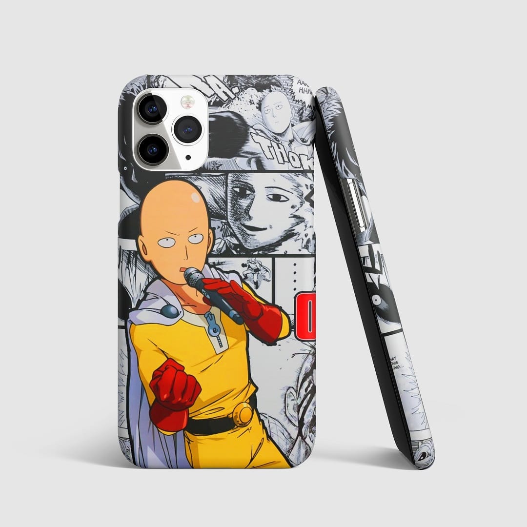 Iconic manga-style artwork of Saitama from "One Punch Man" on phone cover.
