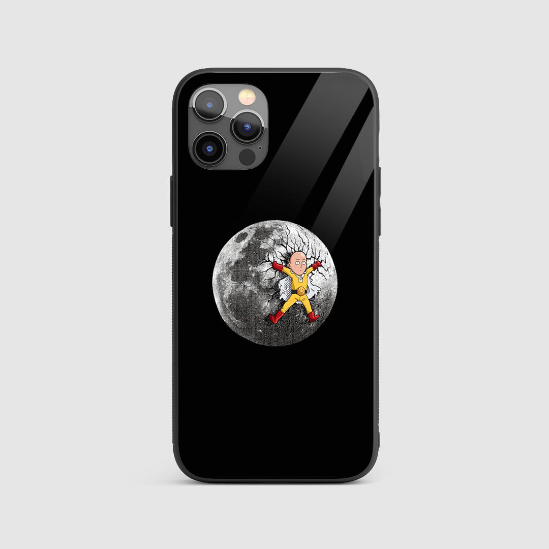 Saitama Moon Silicon Armored Phone Case featuring intense artwork of Saitama against a moonlit backdrop.