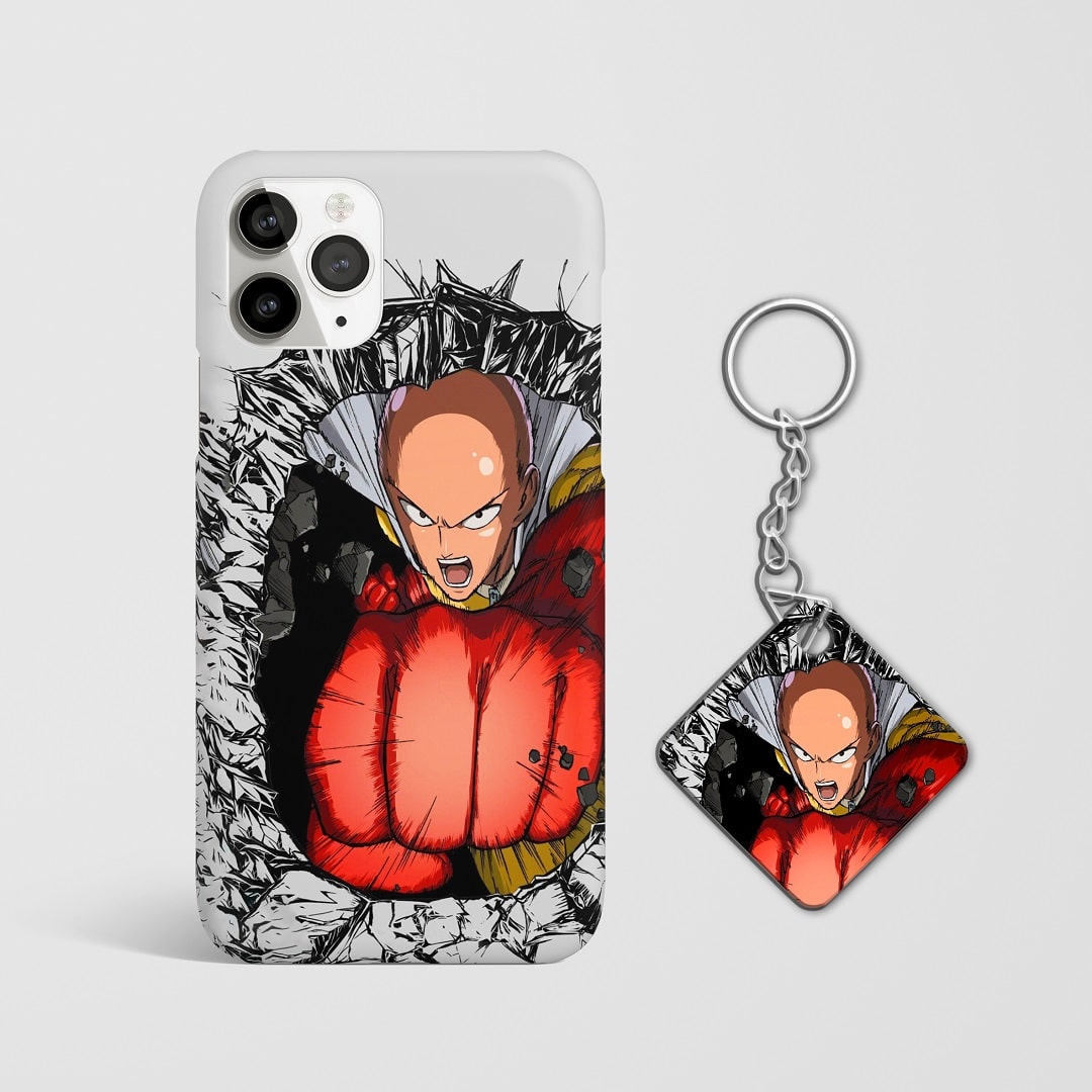 Close-up of Saitama’s intense expression during a punch on phone case with Keychain.