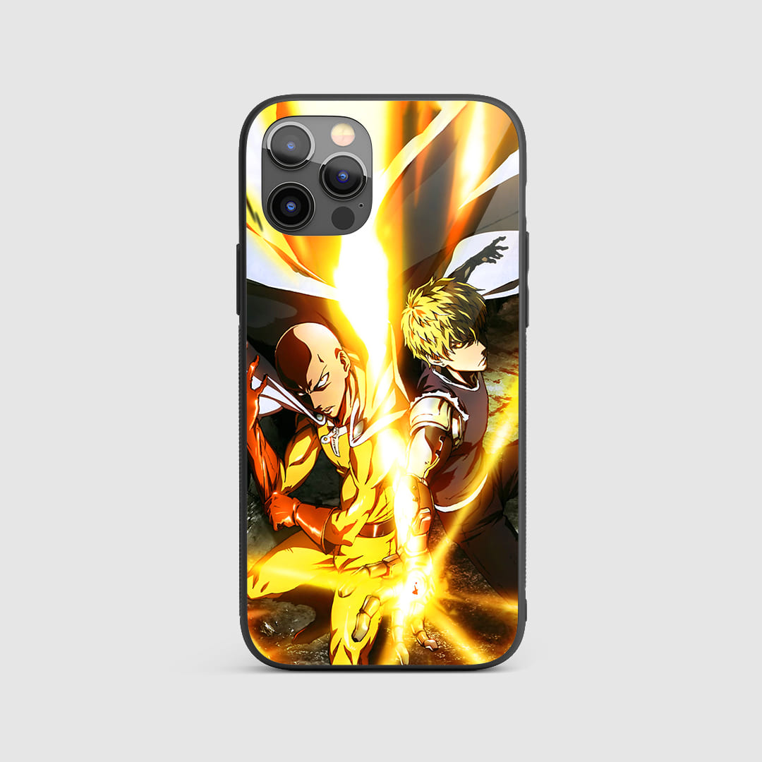 Saitama and Genos Silicon Armored Phone Case featuring intense artwork of Saitama and Genos.