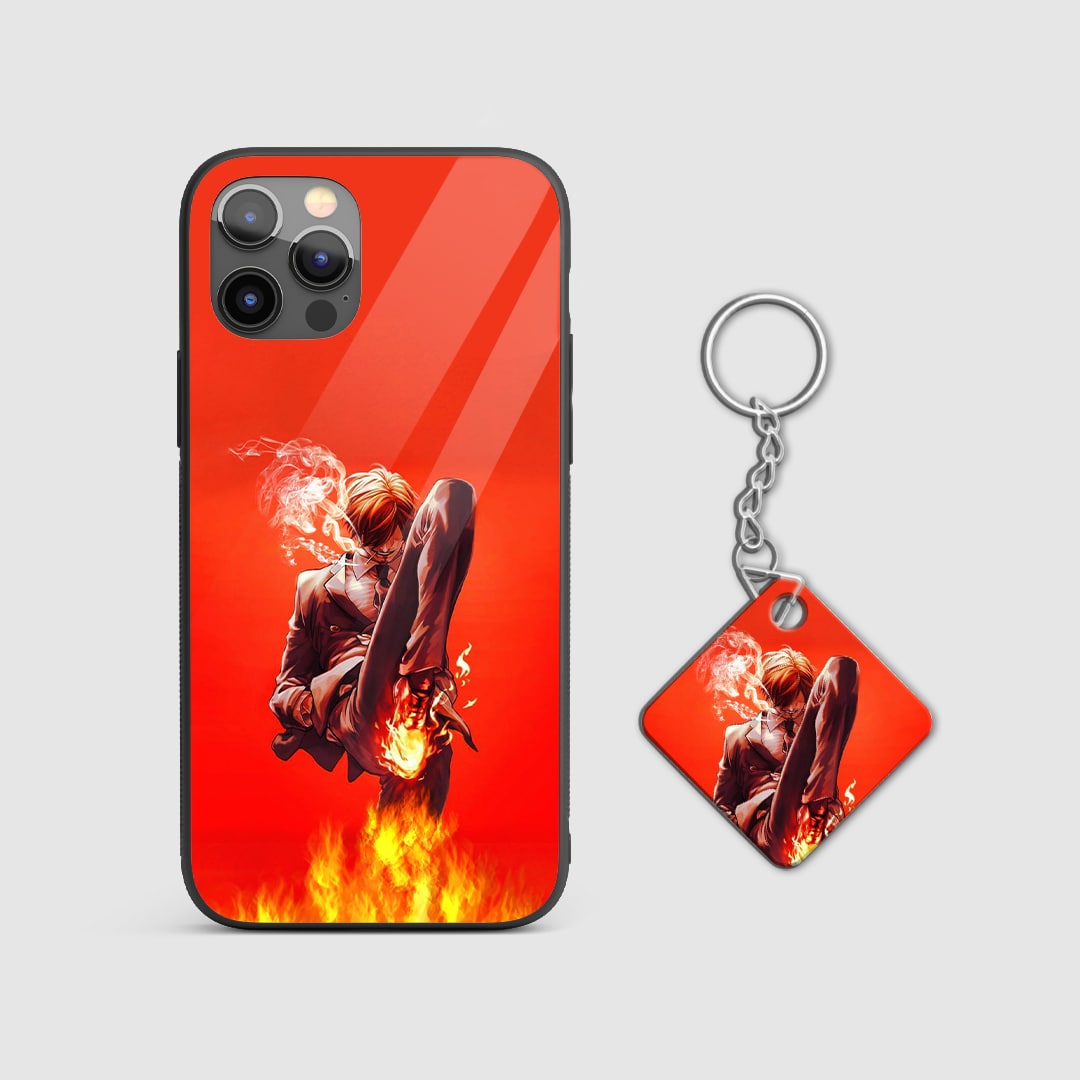 Close-up of Sanji in action on the silicone armored phone case, highlighting his fighting style with Keychain.