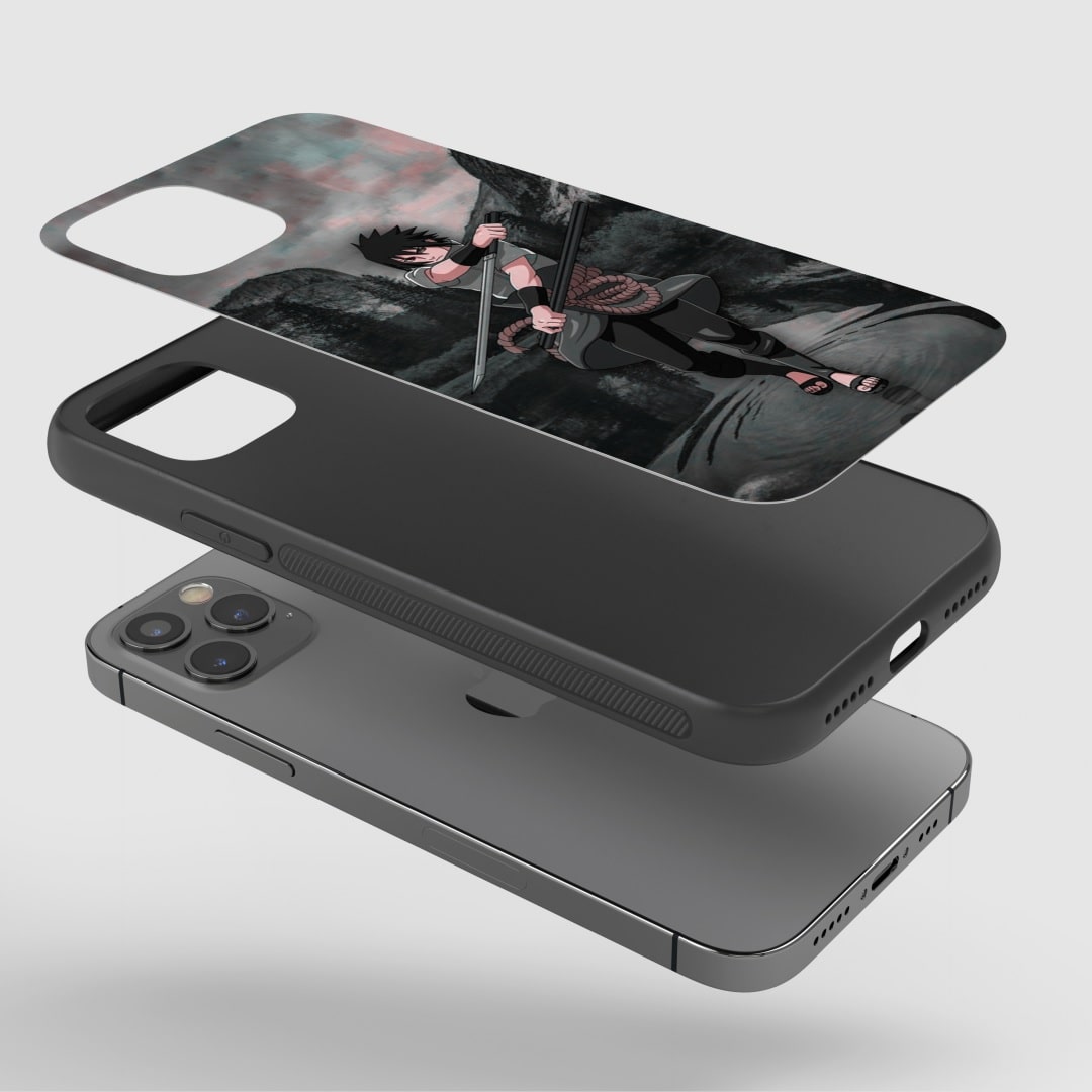 Sasuke Jutsu Phone Case fitted on a smartphone, showcasing the functional design and ease of use.