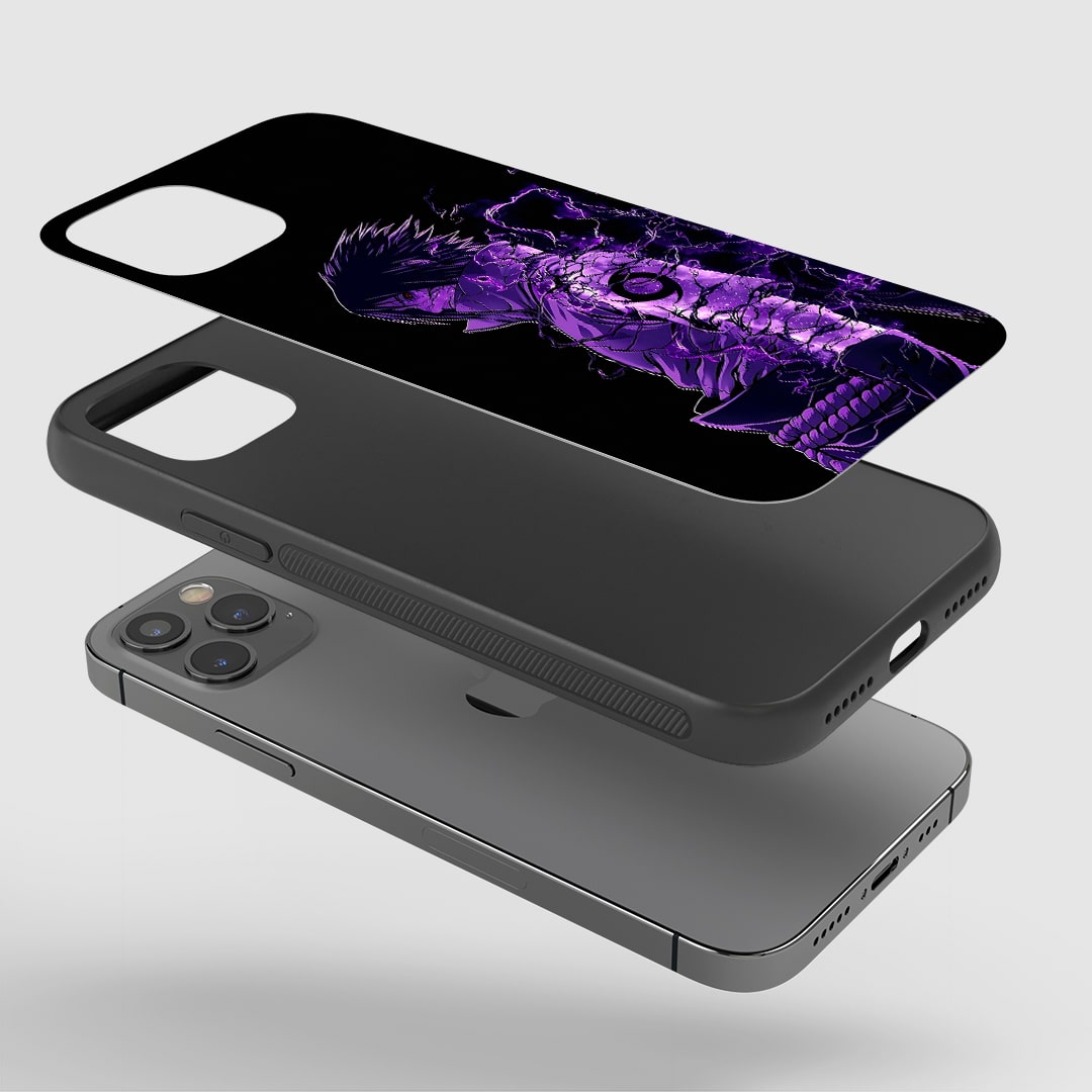 Angled view of Sasuke Minimal Phone Case showing minimalist anime style.