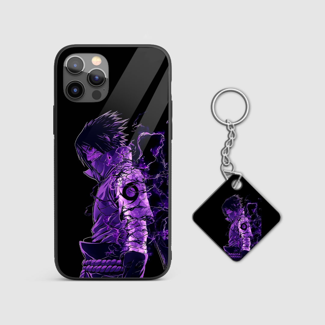 Back view of Sasuke Minimal Case featuring subtle Uchiha design with Keychain.