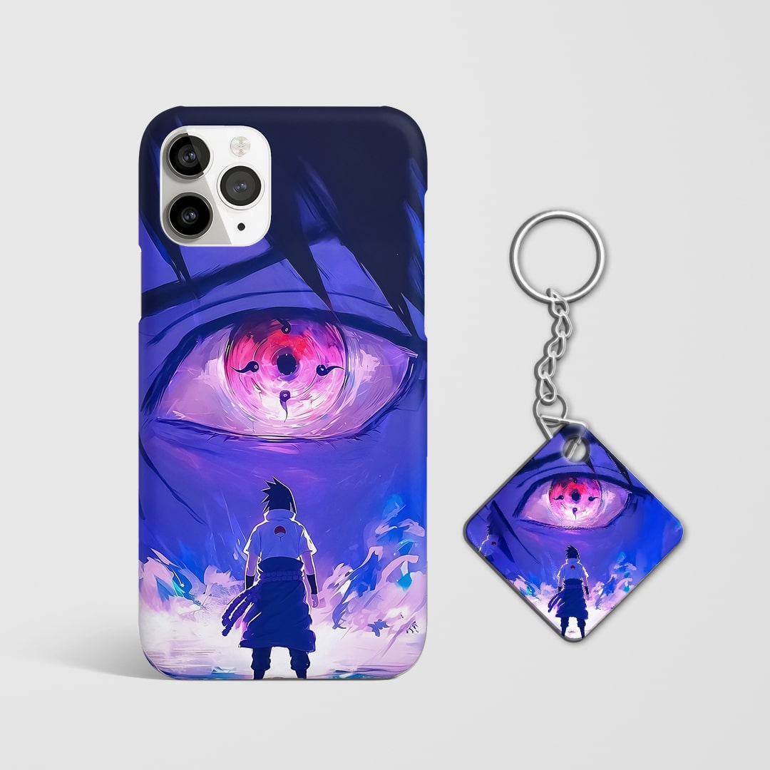 Back view of Sasuke Sharingan Phone Cover showcasing Uchiha artwork with Keychain.