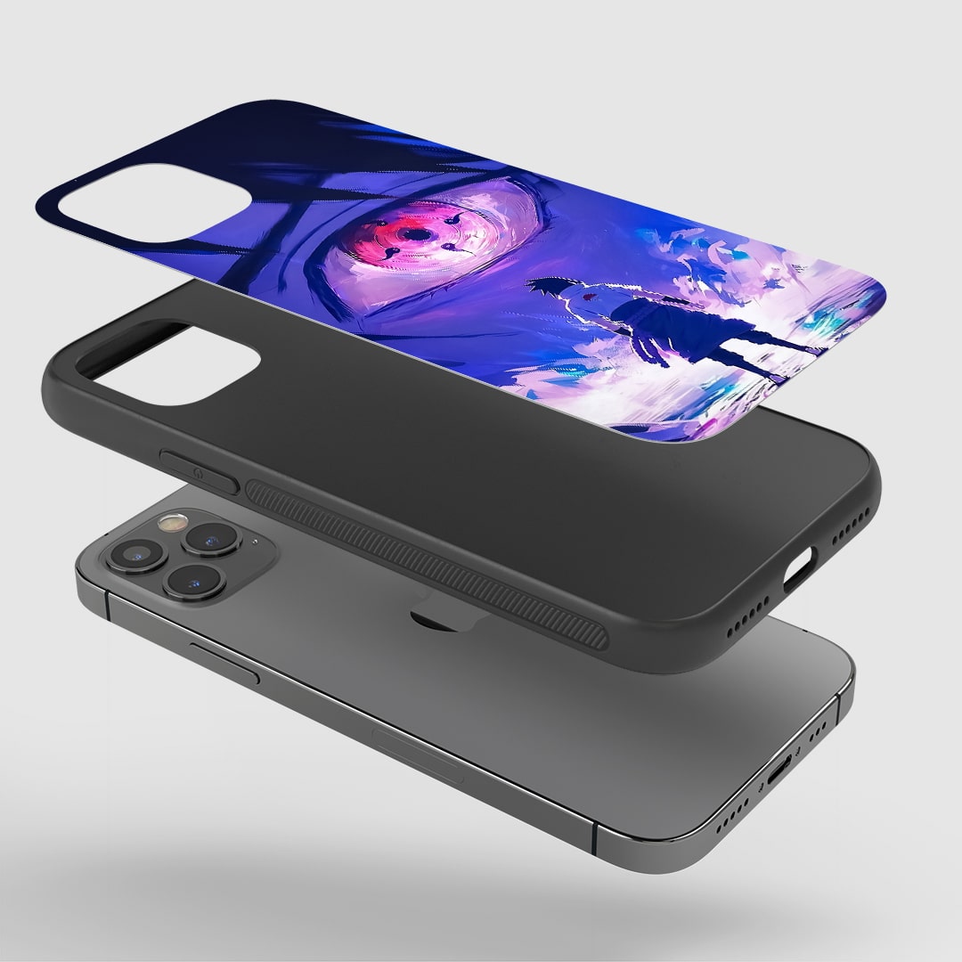 Angled view of Sasuke Sharingan Silicone Case showing bold ninja style.