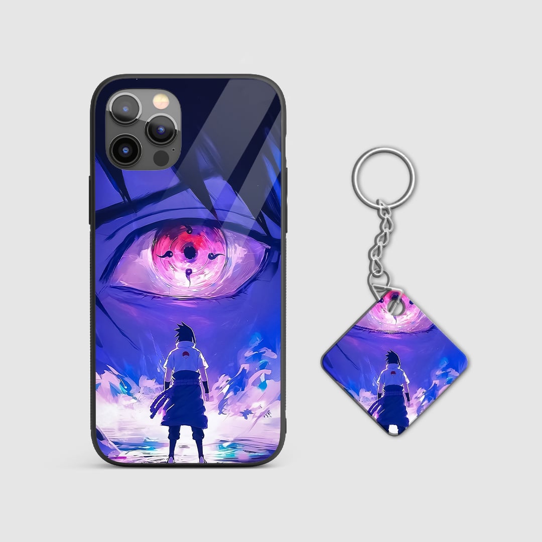 Back view of Sasuke Sharingan Case showcasing Uchiha Sharingan artwork with Keychain.