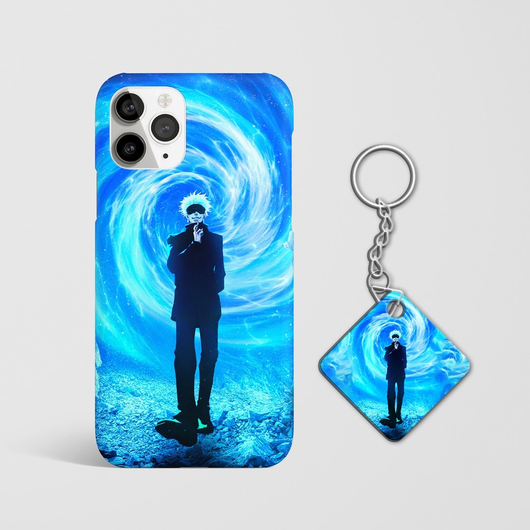 Close-up of Satoru Gojo's sleek aesthetic design on phone case with Keychain.