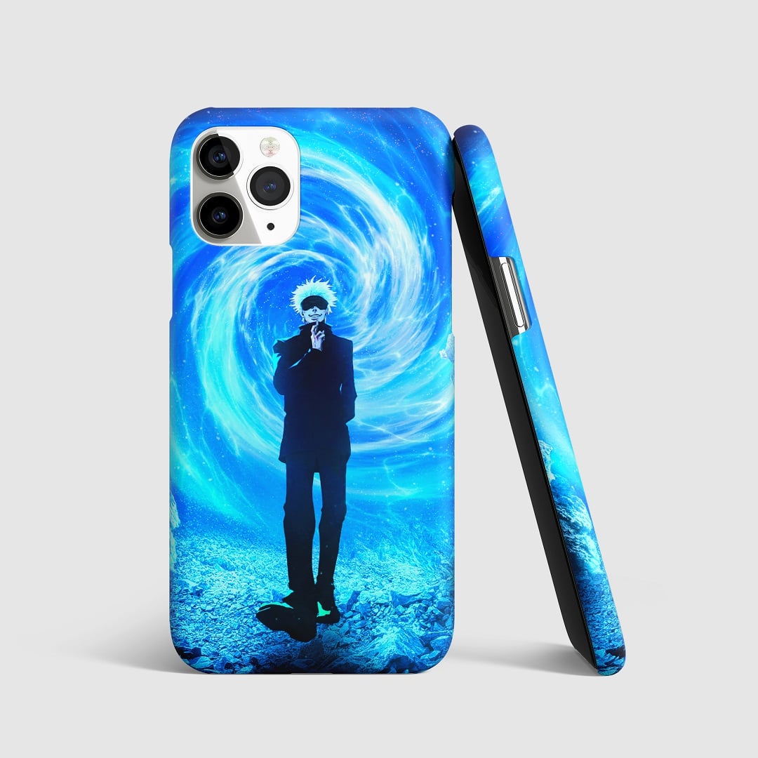 Minimalist artwork of Satoru Gojo in blue tones on phone cover.