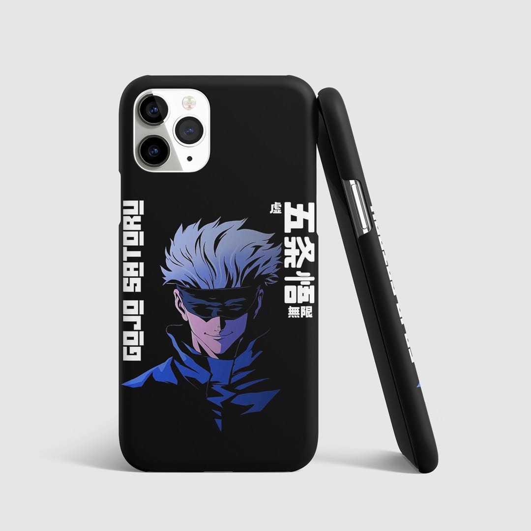 Dark-themed illustration of Satoru Gojo on phone cover.