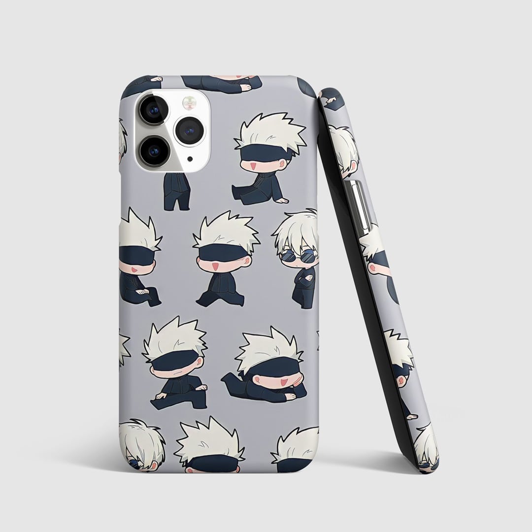 Funko Pop! style Satoru Gojo on phone cover.