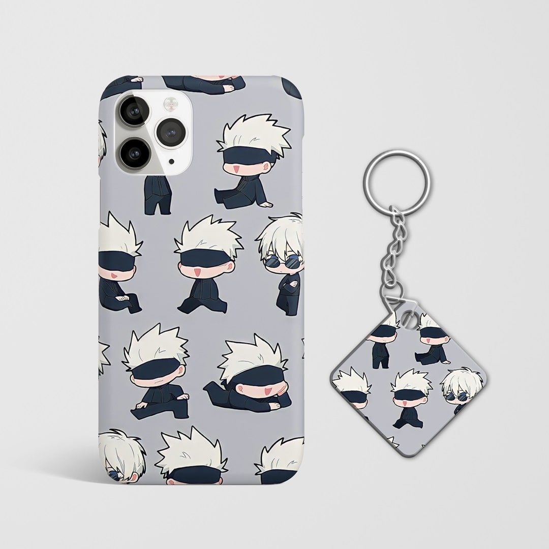 Close-up of adorable Satoru Gojo Funko design on phone case with Keychain.