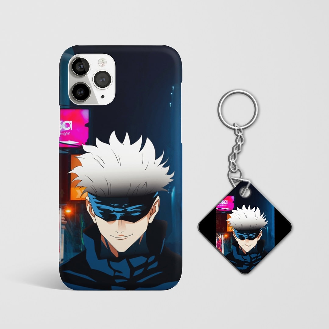 Close-up of Satoru Gojo's detailed artwork on phone case with Keychain.