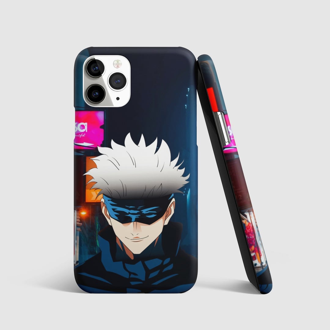Dynamic graphic of Satoru Gojo on phone cover.