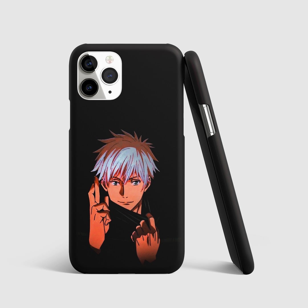 Minimalist illustration of Satoru Gojo on phone cover.