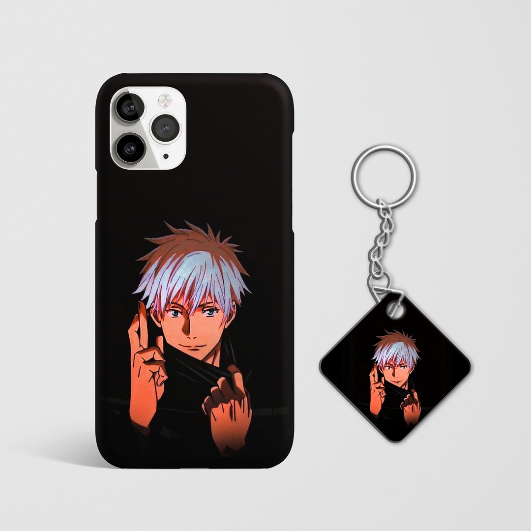 Close-up of sleek Satoru Gojo minimalist design on phone case with Keychain.
