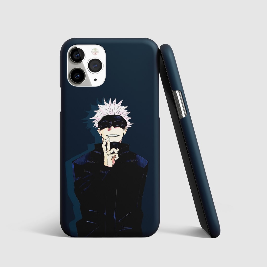 Dynamic artwork of Satoru Gojo on phone cover.