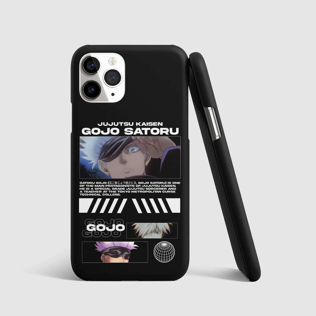 Synopsis of Satoru Gojo's character on phone cover.