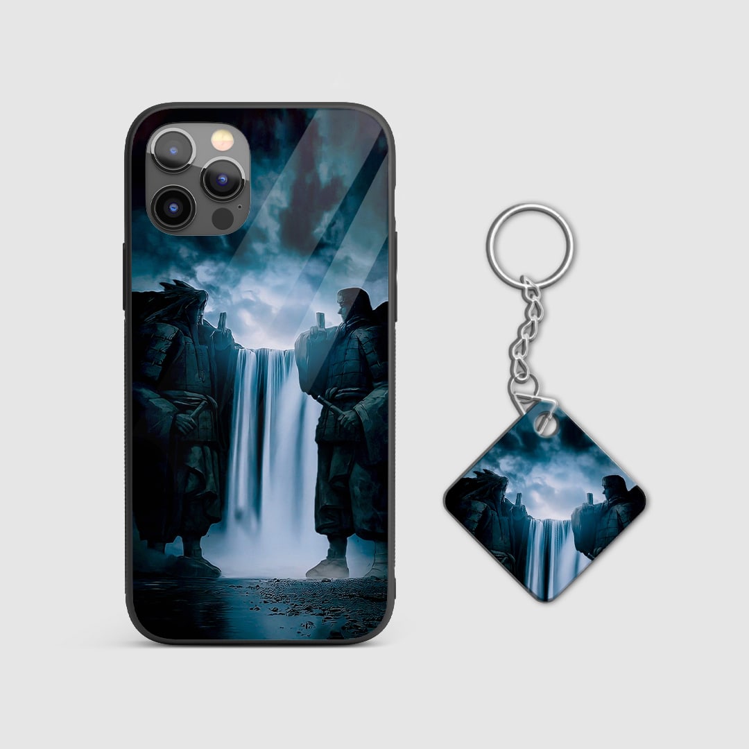 Close-up view of the intricate Senju statue design on the armored silicone phone case with Keychain.