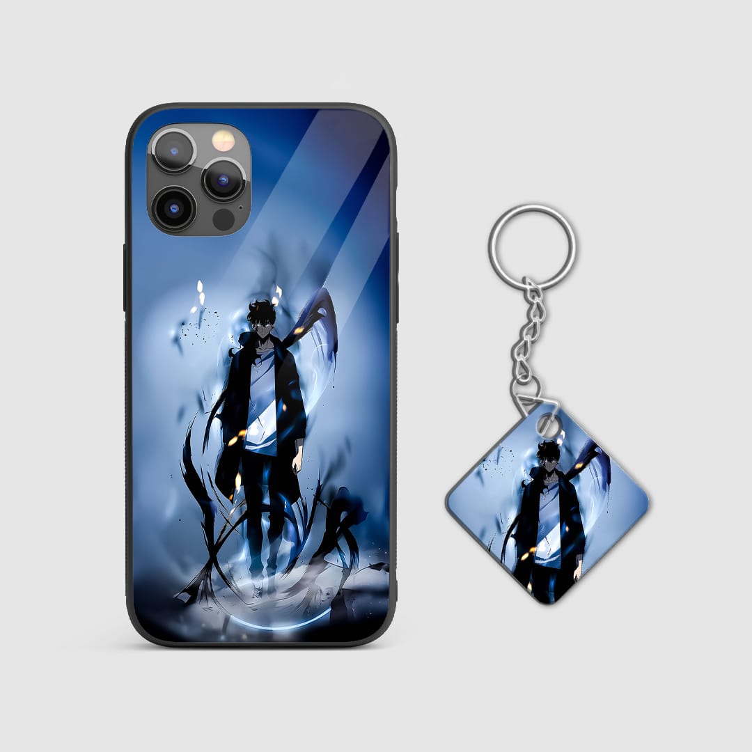 Back view of Sung Jinwoo Case showing bold Solo Leveling design with Keychain.