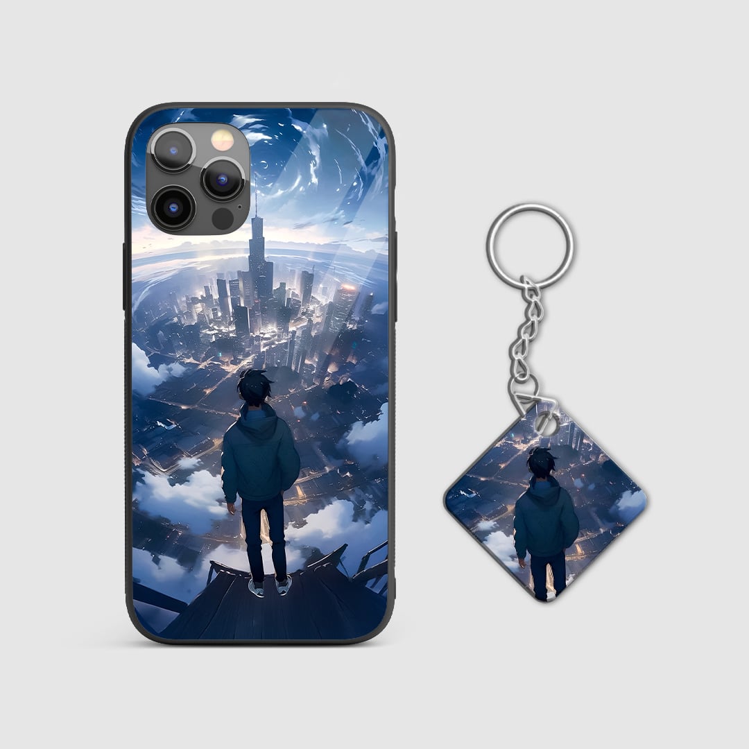 Back view of View Case featuring immersive Solo Leveling landscape art with Keychain.