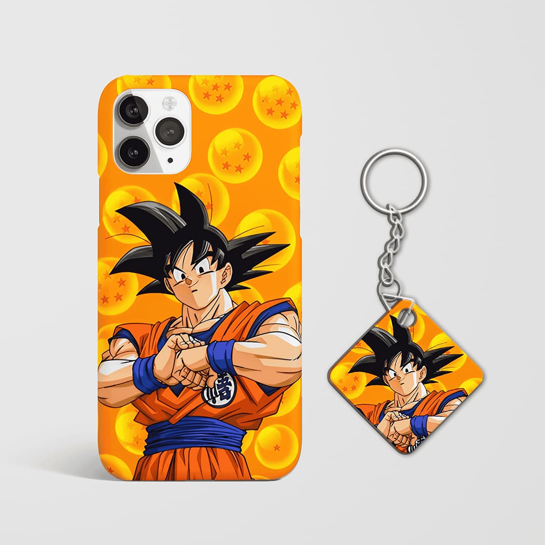 Back view of Son Goku Dragon Ball Phone Cover featuring Goku artwork with Keychain.