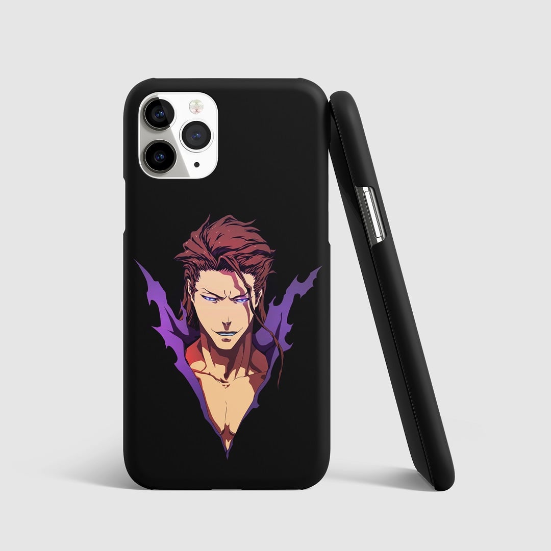 Minimalist artwork of Sosuke Aizen from "Bleach" on phone cover.