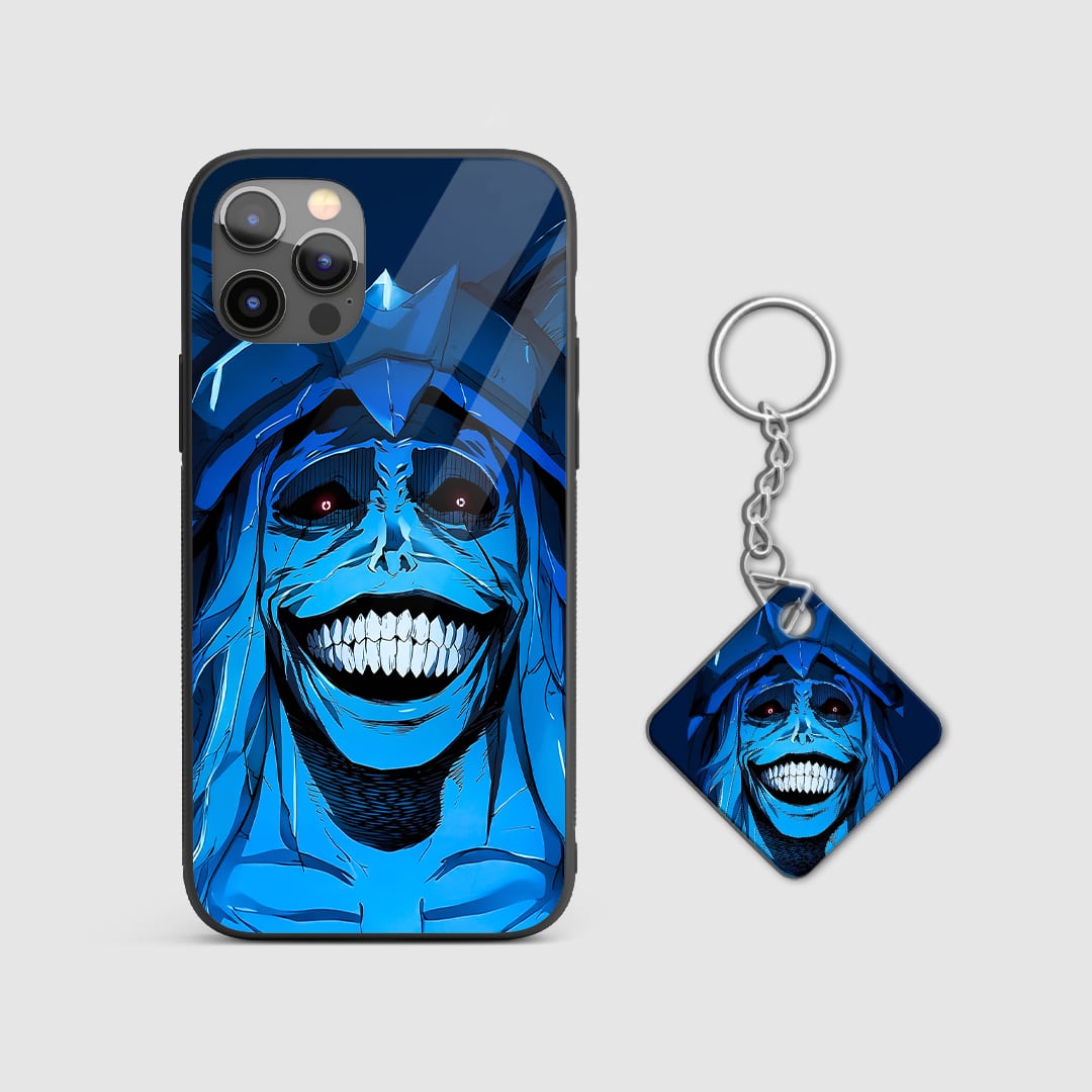 Back view of Statue of God Case showing chilling Solo Leveling artwork with Kychain.