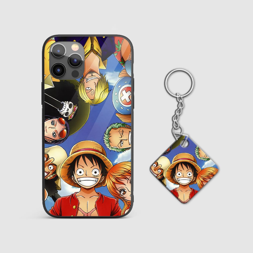 Detailed image of the Straw Hat crew members depicted on the silicone armored phone case with Keychain.