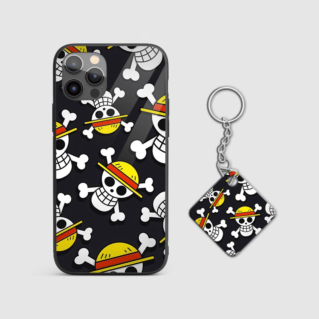 Back view of Straw Hat Pirate Logo Silicone Armored Phone Cover highlighting pirate logo with Keychain.