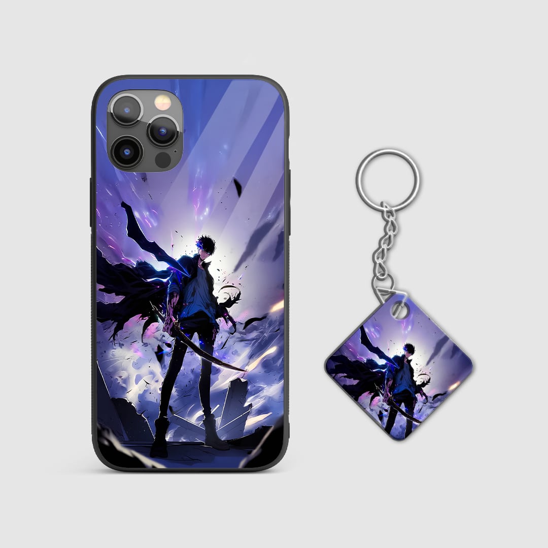 Back view of Jinwoo Action Case featuring intense Solo Leveling artwork with Keychain.