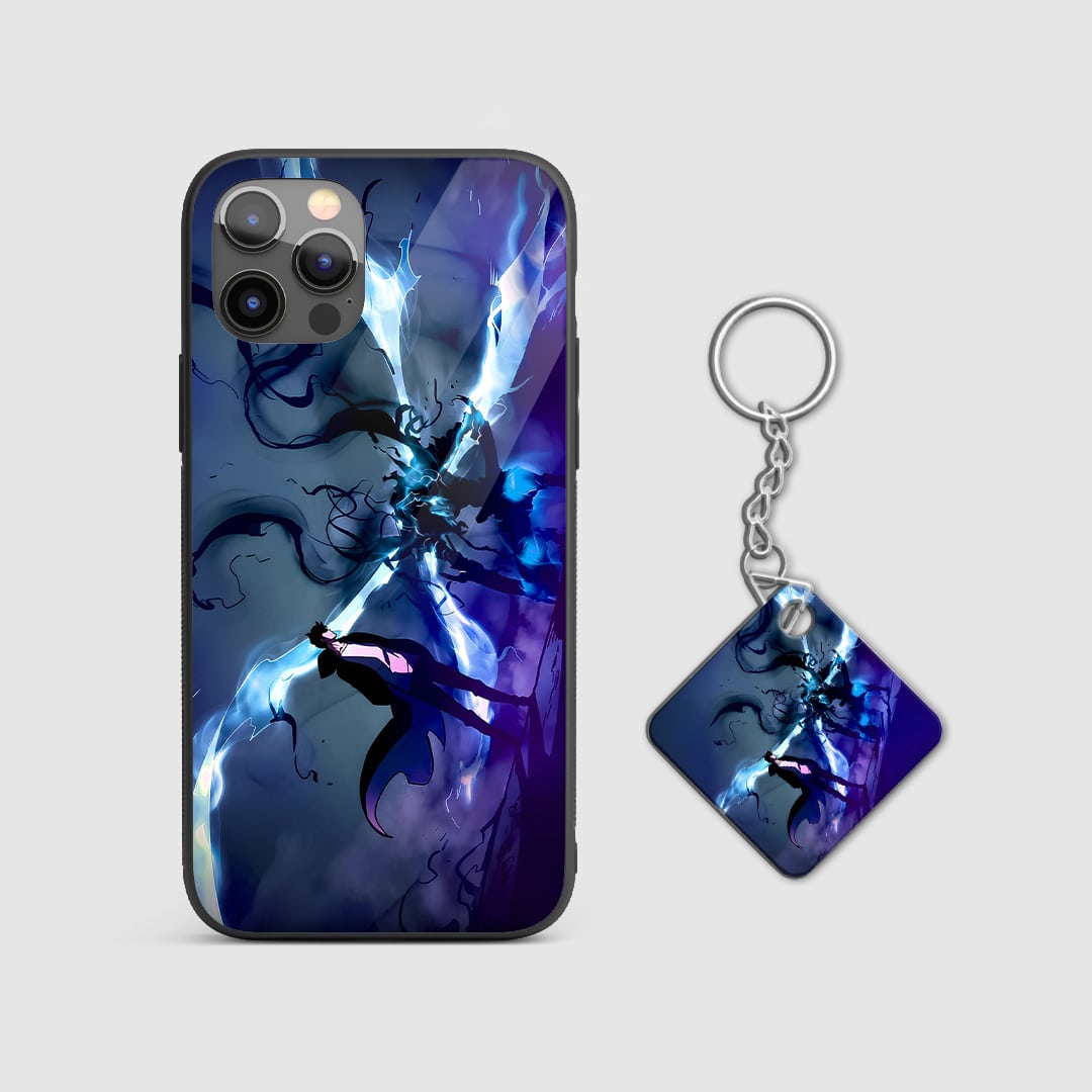 Back view of Jinwoo and Beru Case featuring detailed shadow designs with Keychain.