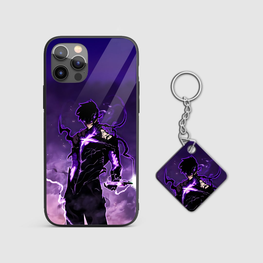 Back view of Jinwoo Dagger Case featuring dynamic Solo Leveling artwork with Keychain.