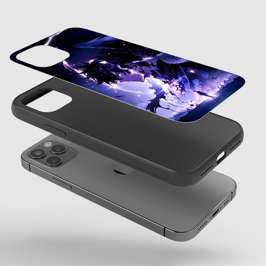 Angled view of Sung Jinwoo Graphic Case showing dynamic anime style.
