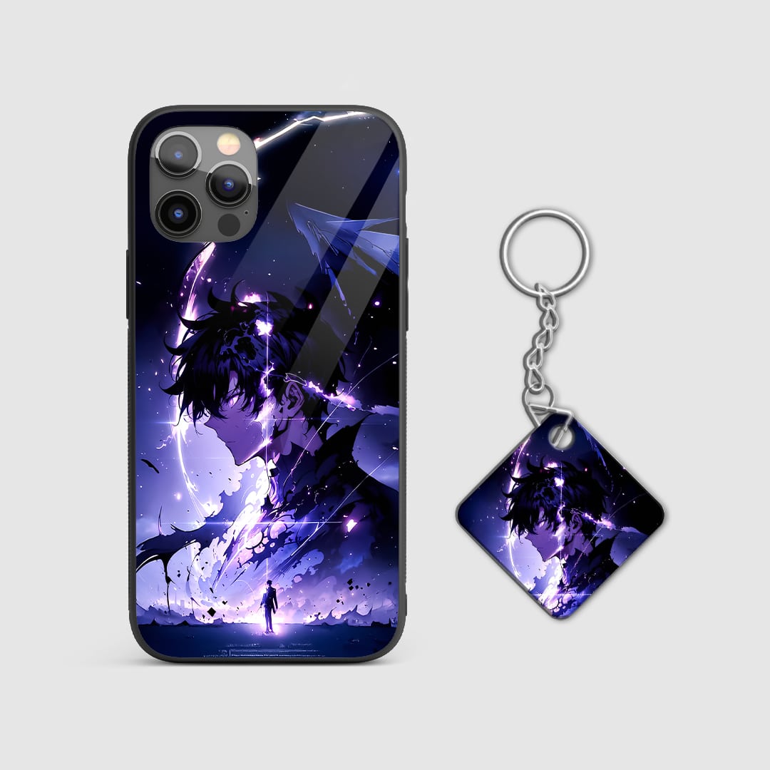 Back view of Jinwoo Graphic Case featuring detailed Shadow Monarch design with Keychain.