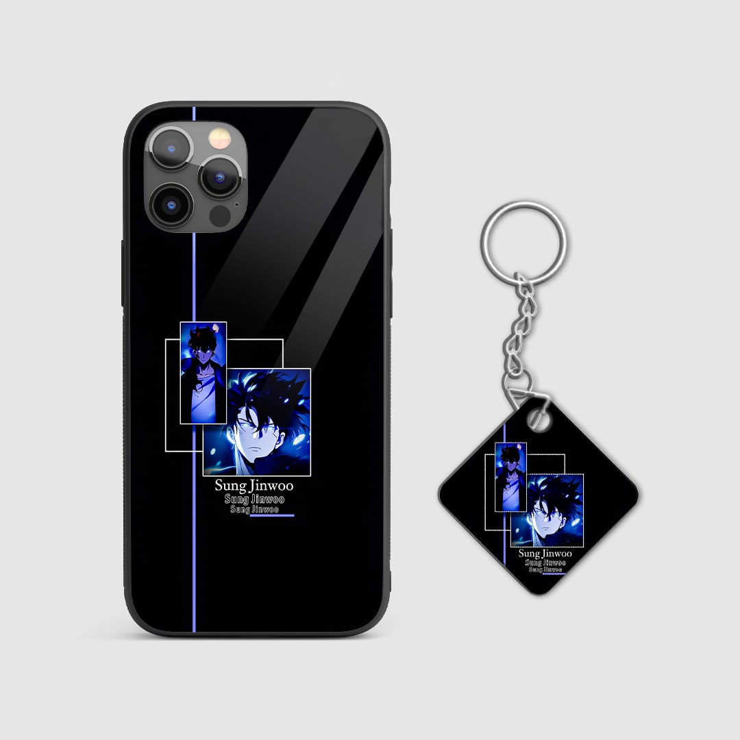 Back view of Jinwoo Name Case featuring minimalist Solo Leveling typography with Keychain.