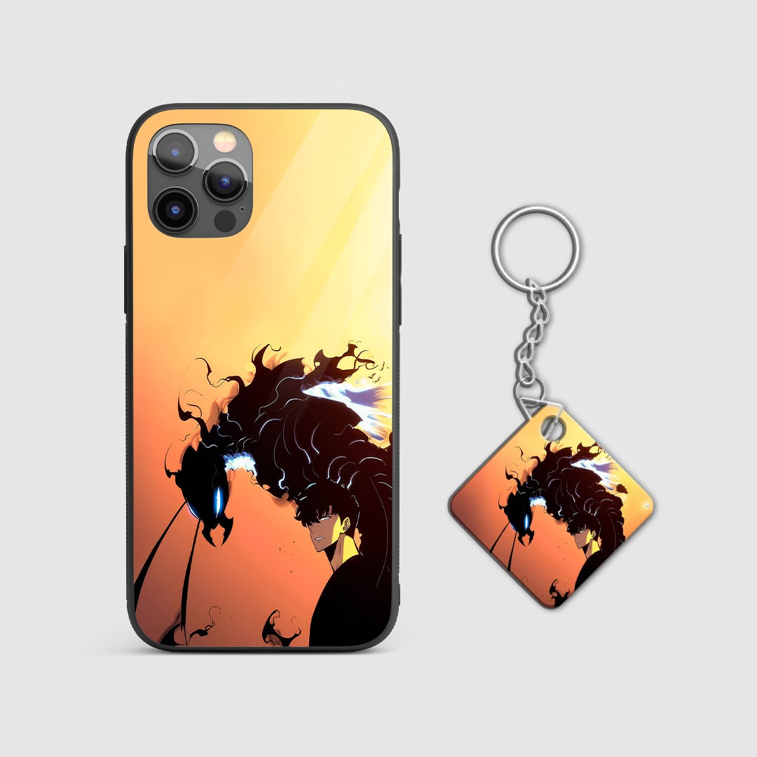 Back view of Shadow Monarch Jinwoo Case showing detailed shadow armor design wit Keychain.