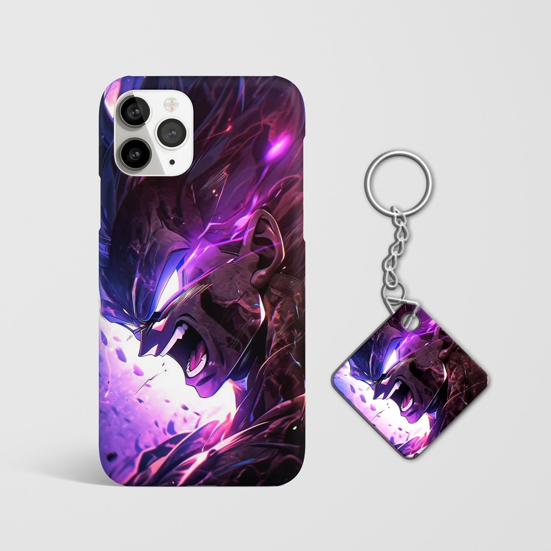 Close-up of Super Vegeta's intense expression on phone case with Keychain.