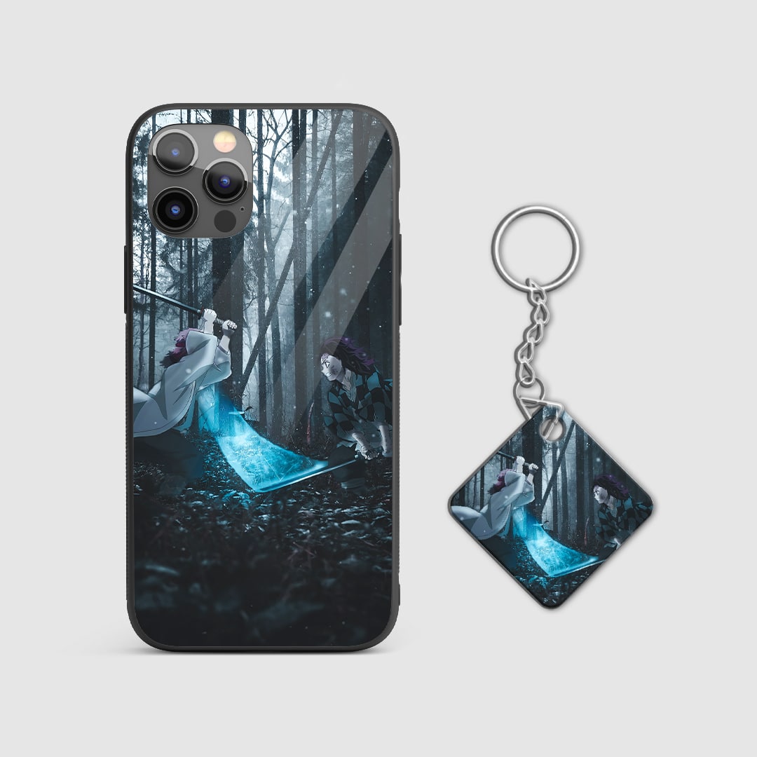 Fighting design of Tanjiro Kamado from Demon Slayer on a durable silicone phone case with Keychain.
