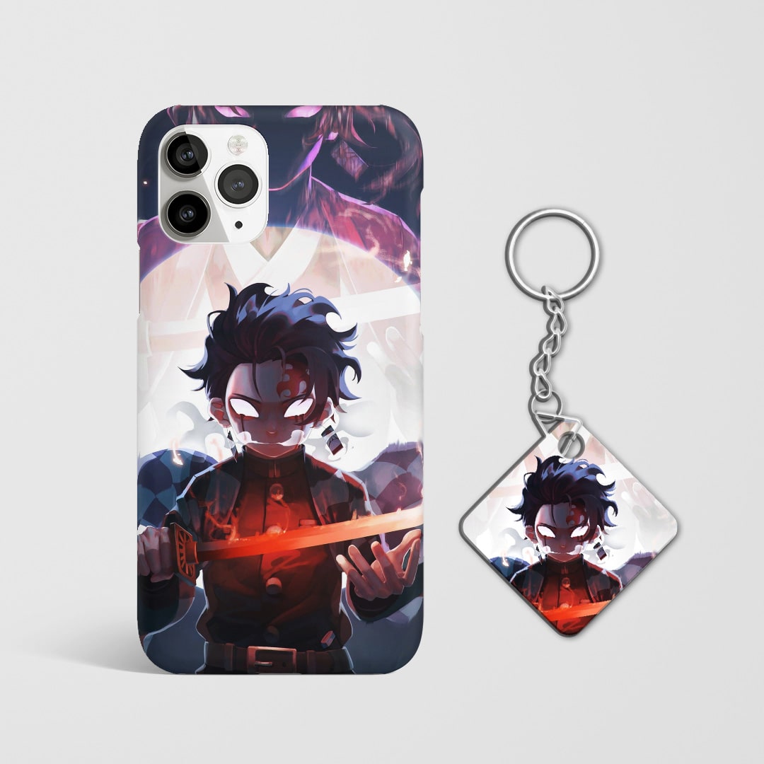Close-up of Tanjiro Kamado’s determined expression on phone case with Keychain.
